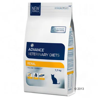 Advance Veterinary Diets Renal Feline Formula torrfoder för katt, 1,5 kg. Text: NEW FORMULA, VETERINARY EXCLUSIVE. Ikoner med pH 7,0, njure, våg och kattbild synliga.