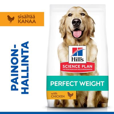 Hill's Science Plan Perfect Weight kanaa sisältävä. Teksti: Painonhallinta, sisältää kanaa, with chicken.