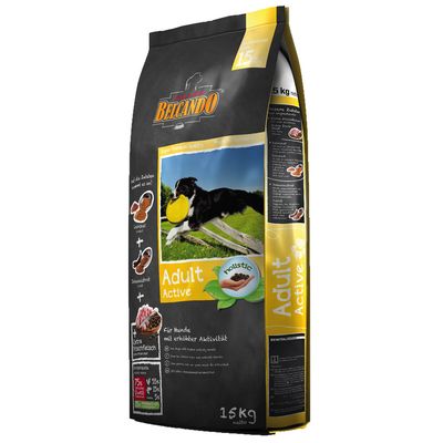 Vreća hrane za pse Belcando Adult Active, 15 kg. Na pakiranju slika psa s frizbijem, tekst 'holistic', sastojci i informacije na njemačkom jeziku.