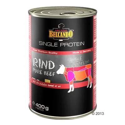 Belcando Dog Food Single Protein Rind Pure Beef, Super Premium Quality, Made in Germany, 400 g netto. Illustration af ko med farvede udskæringer. Tekst på tysk og engelsk.