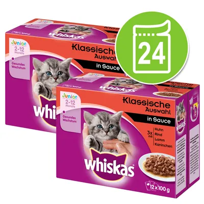 Whiskas Junior 2–12 Monate, Klassishe Auswahl in Sauce, 24 vrećice po 100 g. Okusi: piletina, govedina, janjetina, kunić. Slika mačića na pakiranju.