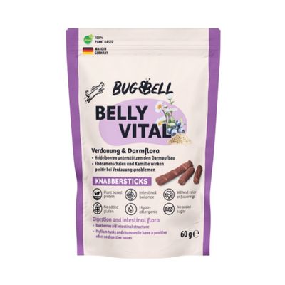 BugBell Belly Vital Knabbersticks, Verdauung & Darmflora, Heidelbeeren, Flohsamenschalen, Kamille, vegan, glutenfrei, hypoallergen, ohne Zucker, Made in Germany, 60g.