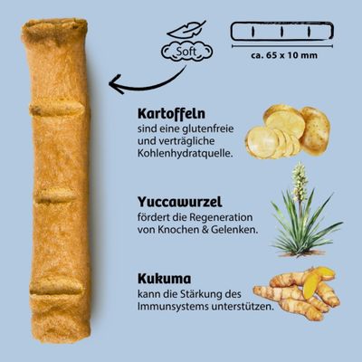 Soft-Kausnack, ca. 65 x 10 mm. Zutaten: Kartoffeln als glutenfreie Kohlenhydratquelle, Yuccawurzel für Knochen und Gelenke, Kurkuma zur Unterstützung des Immunsystems.
