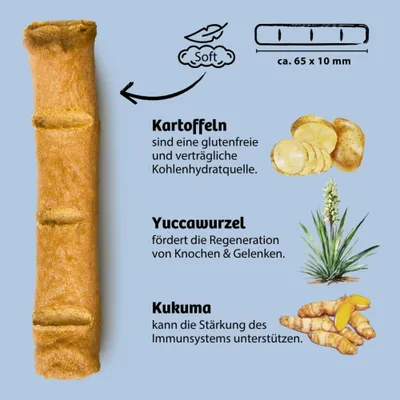 Soft-Kausnack, ca. 65 x 10 mm. Zutaten: Kartoffeln als glutenfreie Kohlenhydratquelle, Yuccawurzel für Knochen und Gelenke, Kurkuma zur Unterstützung des Immunsystems.