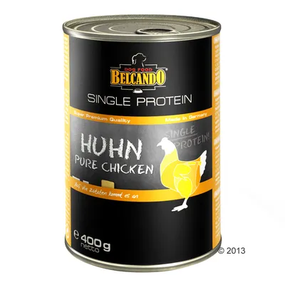Belcando Dog Food Single Protein, Huhn Pure Chicken, lattina da 400 g. Testo visibile in inglese e tedesco. Immagine di un pollo stilizzato sull'etichetta.