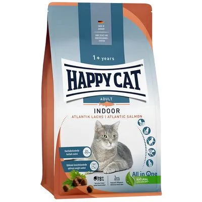 Happy Cat Adult Indoor Atlantik Lachs kattenvoer, 1+ years. Tekst: haarbalcontrole, optimale gewichtscontrole, 78% dierlijke eiwitten, All in One, Natural Life Concept.