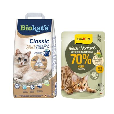 GimCat Near Nature Adult Soft Paté avec 70 % de poulet, herbe d’orge et huile de lin. Riche en protéines, sans céréales ni sucre ajouté. Fabriqué en Allemagne.
