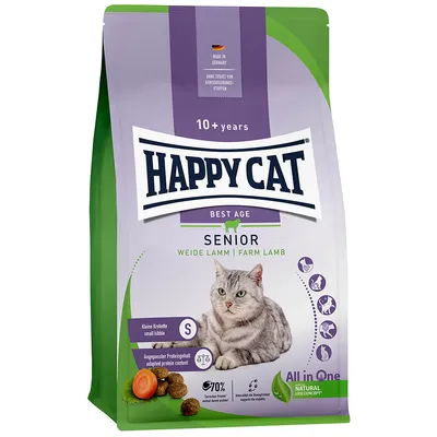 Happy Cat Senior Weide Lamm, lämpligt för katter från 10 år. Små bitar, anpassat proteininnehåll, tillverkat i Tyskland utan tillsatta konserveringsmedel.
