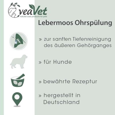 veaVet Lebermoos Ohrspülung: zur sanften Tiefenreinigung des äusseren Gehörganges, für Hunde, bewährte Rezeptur, hergestellt in Deutschland.