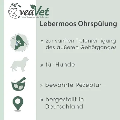 veaVet Lebermoos Ohrspülung: zur sanften Tiefenreinigung des äusseren Gehörganges, für Hunde, bewährte Rezeptur, hergestellt in Deutschland.