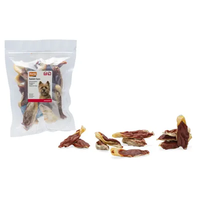 Sachet transparent de friandises Karlie Rabbit Ears pour chien, oreilles de lapin séchées visibles à l'intérieur et disposées devant l'emballage. Étiquette avec photo de chien et texte en anglais. Sachet transparent de friandises Karlie Rabbit Ears pour chien, oreilles de lapin séchées visibles à l'intérieur et disposées devant l'emballage. Étiquette avec photo de chien et texte en anglais.