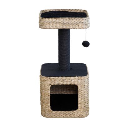 Tiragraffi in materiale naturale intrecciato con due livelli, colonna in sisal nero e pallina gioco. Livello inferiore con tana, livello superiore aperto con cuscino nero.