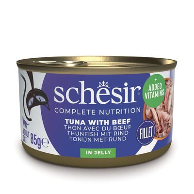 Schesir Complete Nutrition tonnikala ja naudanliha, 6x85g, 100 % luonnollisia fileitä hyytelössä, lisätyillä vitamiineilla. Aikuisille kissoille.