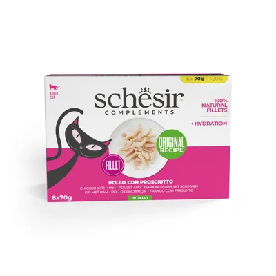 Schesir Complements, kyckling med skinka i gelé, originalrecept, 100 % naturliga filéer, för vuxna katter. Förpackning: 6x70g (420g).