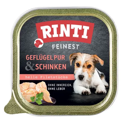 Rinti Finest Geflügelpur & Schinken, helle Filetstücke, ohne Innereien, ohne Leber. Barquette avec morceaux de viande claire et persil visibles.