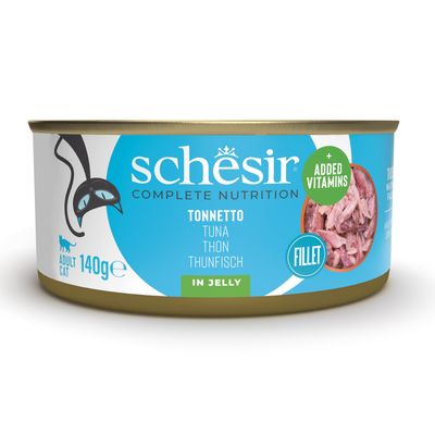 Schesir Complete Nutrition pour chat adulte, thon en gelée, 6 x 140 g, filets naturels 100 %, vitamines ajoutées, in jelly, 840 g au total, visible sur l’emballage.
