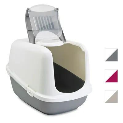 Zakryta kuweta dla kota z uchylnymi drzwiczkami, wykonana z plastiku, widoczne trzy warianty kolorystyczne: biało-szary, biało-bordowy, biało-beżowy.