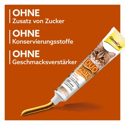 GimCat Duo Paste Anti-Hairball mit Käse. Ohne Zusatz von Zucker, ohne Konservierungsstoffe, ohne Geschmacksverstärker.
