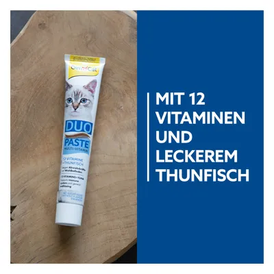 GimCat Duo Paste Multi-Vitamin mit 12 Vitaminen und leckerem Thunfisch. Unterstützt Abwehrkräfte und Wohlbefinden. Ohne Zuckerzusatz.