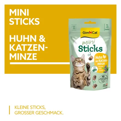 GimCat Mini Sticks kip & kattenkruid. Kleine sticks, grote smaak. Recyclebare verpakking, Made in Austria, zonder toegevoegde suiker.