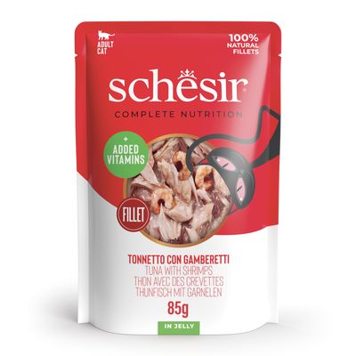 Schesir Complete Nutrition aikuisille kissoille, tonnikalafileet hyytelössä, 6x85g, lisävitamiineilla, 100 % luonnolliset fileet.