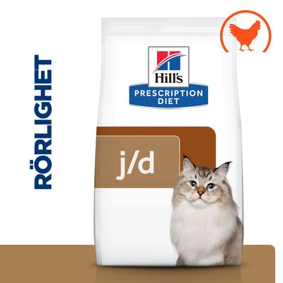 Hill's Prescription Diet j/d kattfoder, bild av en katt, symbol för kyckling, text: RÖRLIGHET.