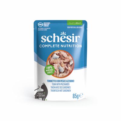Schesir Complete Nutrition pro dospělé kočky, filet z tuňáka v želé, 6x85g, s přidanými vitaminy, 100% přírodní filety.