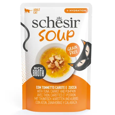 Schesir Soup felnőtt macskáknak, tonhallal, sárgarépával és sütőtökkel. Gabonamentes, gazdag leves, + hidratálás.