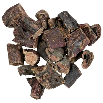 Dried meat pieces in dark colour, irregular shapes, suitable as a snack or reward for pets. Dried meat pieces in dark colour, irregular shapes, suitable as a snack or reward for pets.