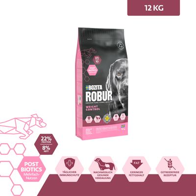 Bozita Robur Weight Control, 12 kg, för vuxna hundar. Postbiotika, 22 % protein, 8 % fett, dagligt immunskydd, hälsosam matsmältning, låg fetthalt, spannmålsfritt recept.