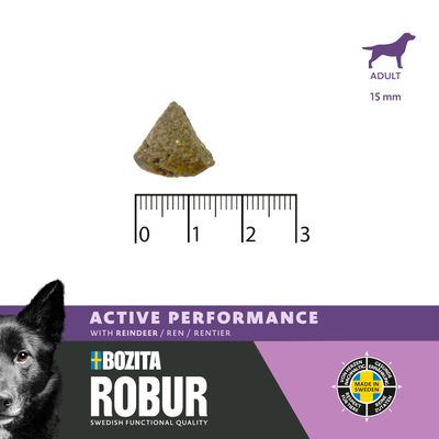 Croquette Bozita Robur Active Performance au renne pour chien adulte, diamètre 15 mm, règle de 0 à 3 cm visible, label Made in Sweden, texte suédois et anglais sur l’emballage.