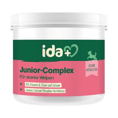 ida+ Junior-Complex für starke Welpen. Mit Vitamin D, Eisen und Kalium. Ideales Calcium-Phosphor-Verhältnis. Gesund aufwachsen.
