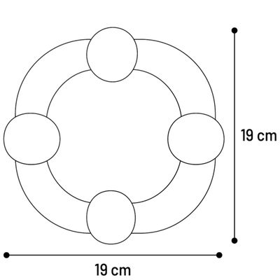 Diagram av en cirkelformad produkt med en diameter på 19 cm. Mått: 19 cm x 19 cm.