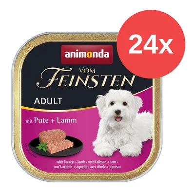 Animonda Vom Feinsten Adult mit Pute und Lamm, 24x Portionen. Nassfutter für Hunde, Abbildung einer weissen Hundedarstellung und Futterstück auf schwarzem Teller.