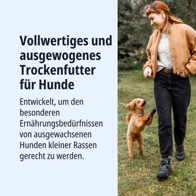 Vollwertiges und ausgewogenes Trockenfutter für Hunde, entwickelt für die Ernährungsbedürfnisse ausgewachsener Hunde kleiner Rassen.