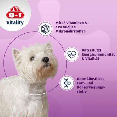 8in1 Vitality. Mit 12 Vitaminen und essenziellen Mikronährstoffen. Unterstützt Energie, Immunität und Vitalität. Ohne künstliche Farb- und Konservierungsstoffe.