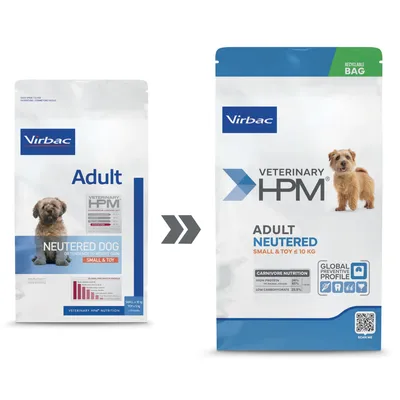 Comparaison de deux emballages Virbac Veterinary HPM pour chien adulte stérilisé, Small & Toy ≤10 kg. Ancien et nouveau design montrant le changement d’apparence du produit.