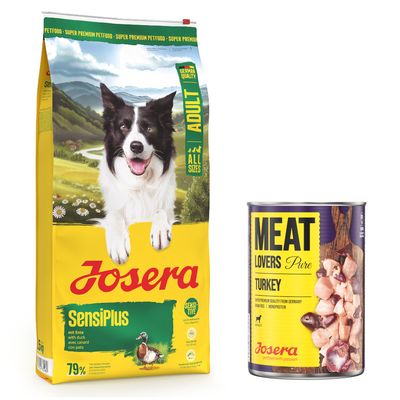 12,5 kg Josera Adult + 6 x 400 g / 800 g Meatlovers Nassfutter gratis! 12,5 kg SensiPlus + 6 x 400 g Pure Truthahn