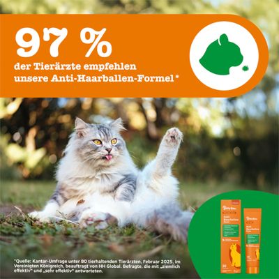 97 % der Tierärzte empfehlen unsere Anti-Haarballen-Formel. Produktverpackung unten rechts sichtbar.