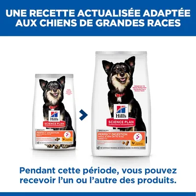 Hill's Science Plan Perfect Digestion pour grandes races de chiens. Pendant la période de transition, vous pouvez recevoir l'un des deux emballages. Hill's Science Plan Perfect Digestion pour grandes races de chiens. Pendant la période de transition, vous pouvez recevoir l'un des deux emballages.