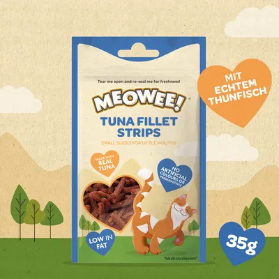 Meowee! Tuna Fillet Strips, kleine stukjes voor kleine monden, met echte tonijn, zonder kunstmatige kleurstoffen of conserveermiddelen, vetarm, 35g verpakking.
