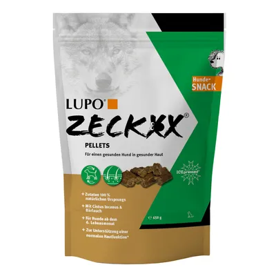 LUPO ZeckEx Pellets, Hunde Snack, 650 g. Texte visibles : ingrédients 100 % naturels, Cistus Incanus & ail des ours, pour chiens dès 6 mois, soutien de la fonction cutanée normale.