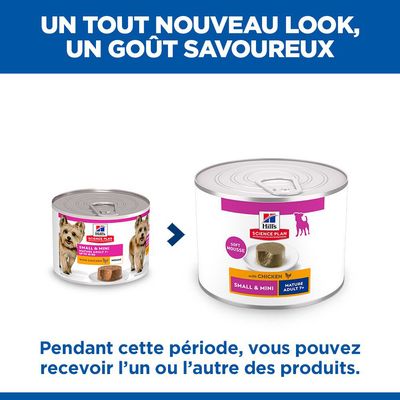 Hill's Science Plan Small & Mini au poulet, mousse onctueuse. Remarque : Pendant la période de transition, vous pouvez recevoir l'un des deux emballages.