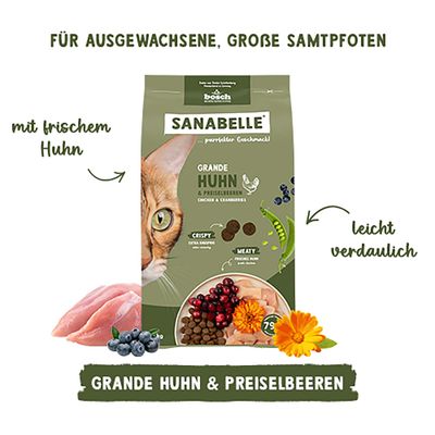 Sanabelle Grande Huhn & Preiselbeeren, mit frischem Huhn, leicht verdaulich, für ausgewachsene große Samtpfoten. Abgebildet sind Huhn, Beeren und Blüten.