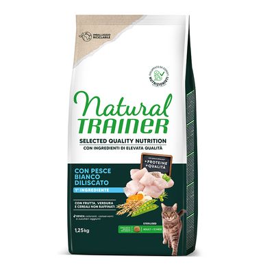 Natural Trainer Katzenfutter, sterilisiert, mit weißem Fisch als Hauptzutat. Ohne Zuckerzusatz, künstliche Farbstoffe oder Konservierungsstoffe. Verpackung 1,25 kg, recycelbar.