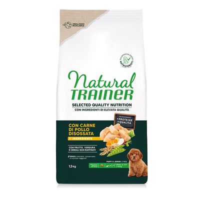 Natural Trainer Hundefutter, 1.5kg, mit entbeintem Hühnerfleisch, Obst, Gemüse und unraffinierten Getreiden. Ohne Farbstoffe, Konservierungsstoffe und Zuckerzusatz. Für Welpen bis 2 Monate.