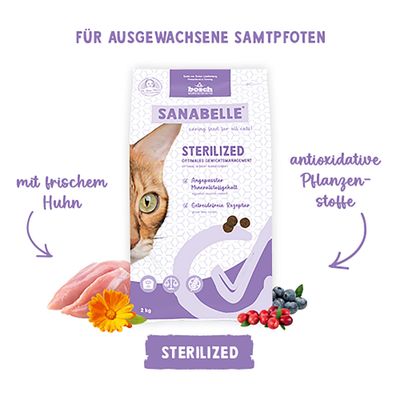Sanabelle Sterilized Katzenfutter mit frischem Huhn, antioxidative Pflanzenstoffe, getreidefreie Rezeptur, für ausgewachsene Samtpfoten, 2 kg Beutel.