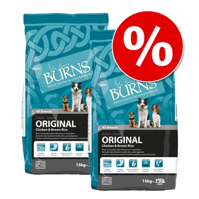 Burns Original Adult Senior Hundefutter mit Huhn und braunem Reis, für alle Rassen. Packungsgröße: 15kg. Rabattzeichen sichtbar.