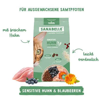 Sanabelle Sensitive Huhn & Blaubeeren, mit frischem Huhn, leicht verdaulich, für ausgewachsene Samtpfoten. Crispy und meaty Kroketten abgebildet. Sanabelle Sensitive Huhn & Blaubeeren, mit frischem Huhn, leicht verdaulich, für ausgewachsene Samtpfoten. Crispy und meaty Kroketten abgebildet.