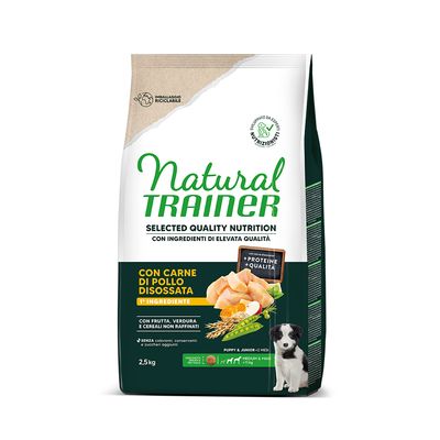Natural Trainer Trockenfutter für Welpen, mit entbeintem Hühnerfleisch, Obst und Gemüse. Ohne Farbstoffe, Konservierungsstoffe und Zuckerzusätze. Verpackung 2,5kg.